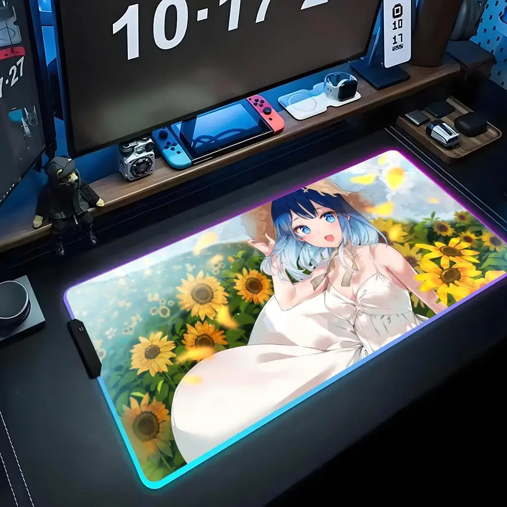 

anime sunflower girl Mouse Pad RGB Gaming Mousepad Big LED Pad PC Desk Mat Luminous Mouse Pad Large Keyboard Mats Table Rug With