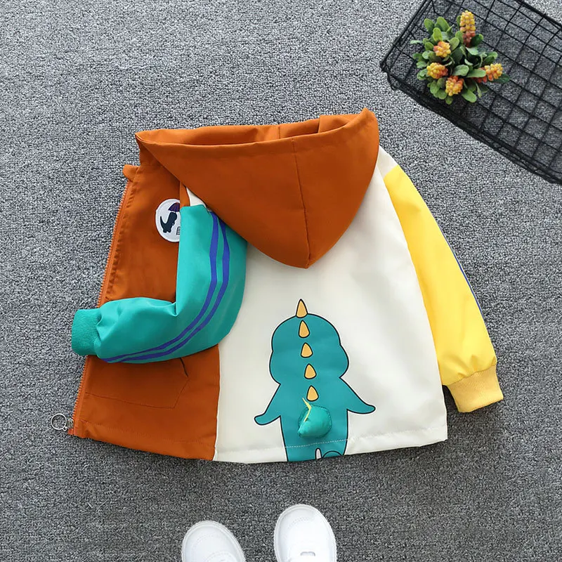 Spring Autumn New Boys Jacket Cartoon Dinosaur Pattern Patchwork Hoodie Coat For 2 3 4 5 6 Years Kids Fashion Outerwear Clothing