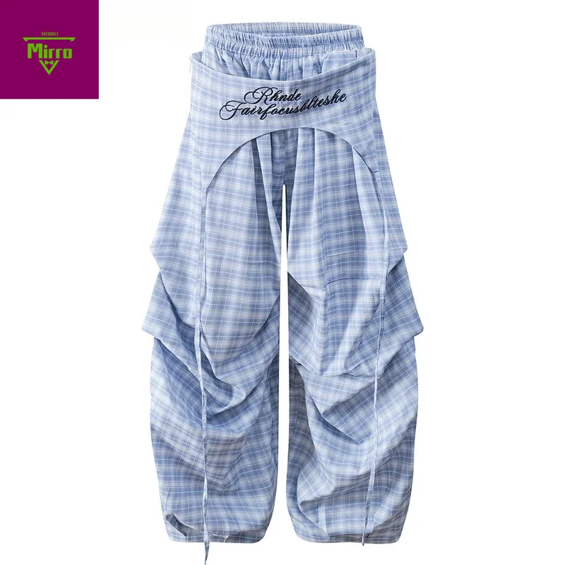 

【Mirrordust】Hip Hop Plaid Wide Leg Pants Mens Letter Embroidery Elastic Waist Removable Butt Curtain Loose Pleated Trousers Men
