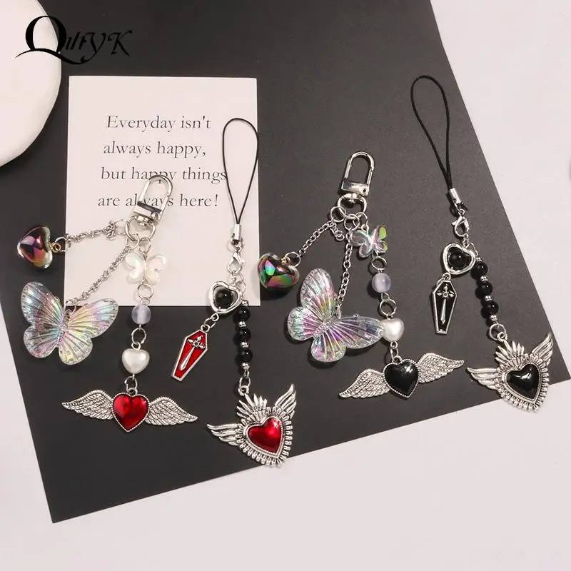 Phone Charm Strap Y2K Keychain Kawaii-Cute Pendant Jewelry Keyring Lanyard String Black Cross-Bow Beaded Chain for Women Girl