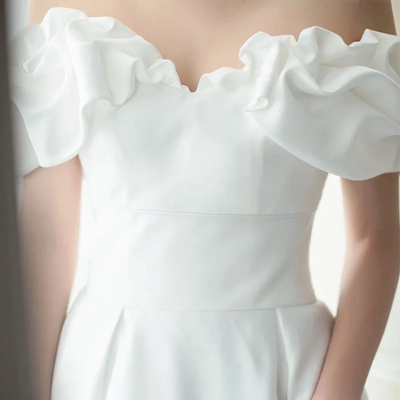 Robe de mariée drapée en satin blanc simple pour femmes, épaules dénudées, robe de mariée coréenne, séance photo personnalisée