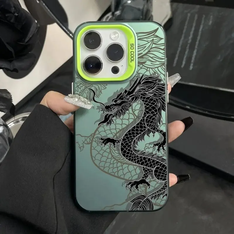 Luxury Cool Black Mysterious Dragon Case For iPhone 15 Pro Max 15 14 13 12 11 Pro XR XS 7 8 Plus Lens Protect Plating Covers