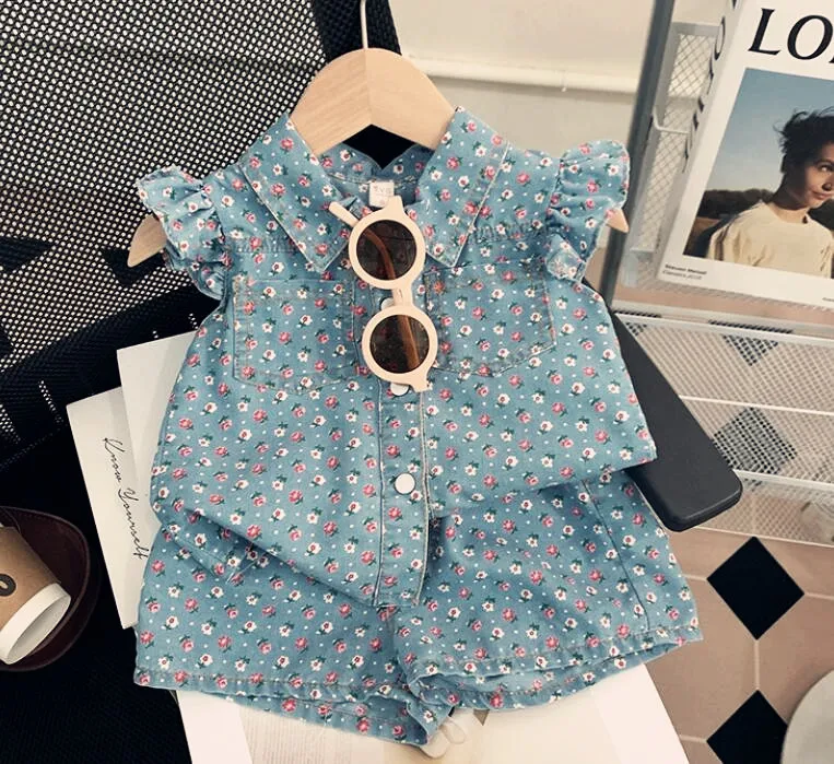 2023 summer girls Floral Printing denim  suits baby girl fashion Sleeveless  top Shirts+ shorts two-piece clothing sets