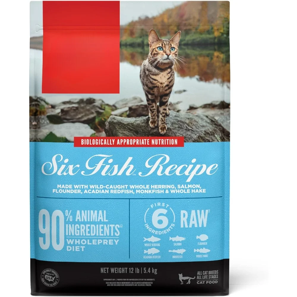 

Cat Food,Dry Food, Grain Free, Premium, High Protein, Fresh & Raw Animal Ingredients, Six Fish, 12lb，Cat Food