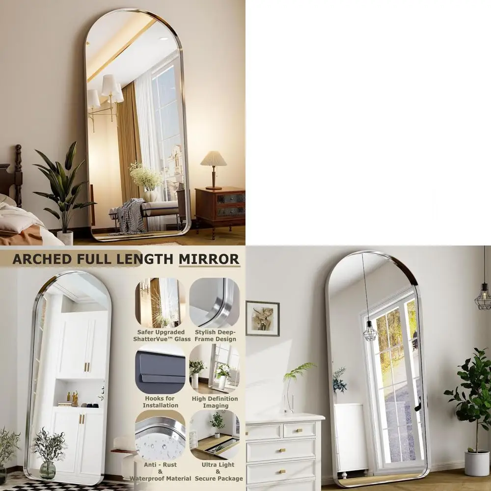 

Зеркало напольное арочное в полный рост, 71 x 30 дюймов, серебристое, с закругленными краями, для стены или домашнего декора