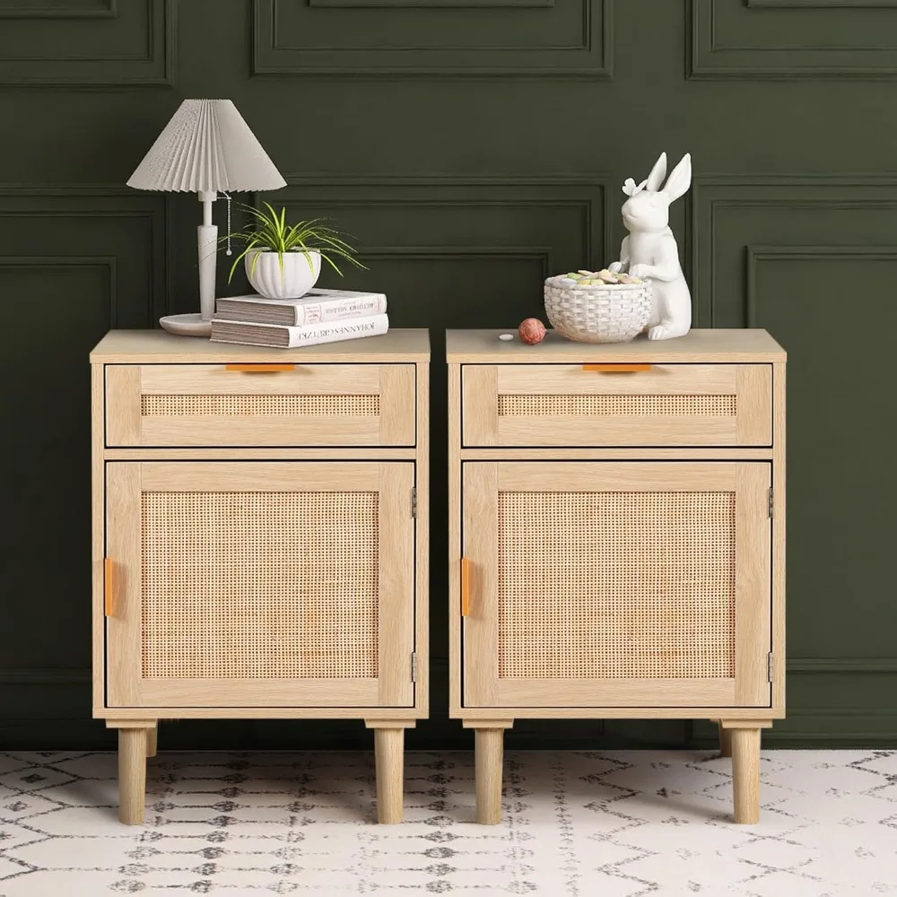 Nightstand Set with Drawers, Boho BedSide Tables, Oak Rattan End Tables - Small Space
