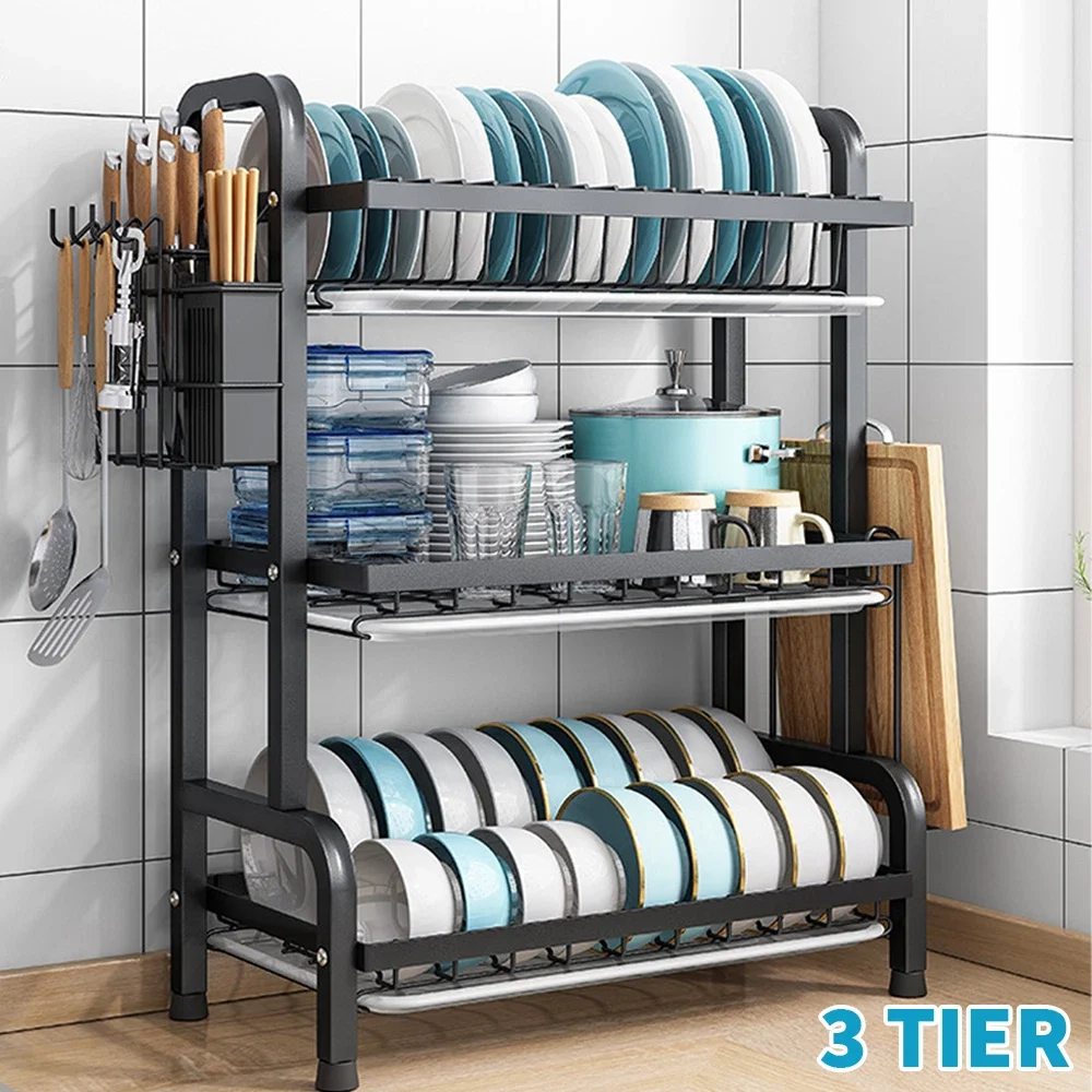 3 Tier Dish Drainer Rack with Drip Tray Cutlery Holder Plate Rack Kitchen Sink