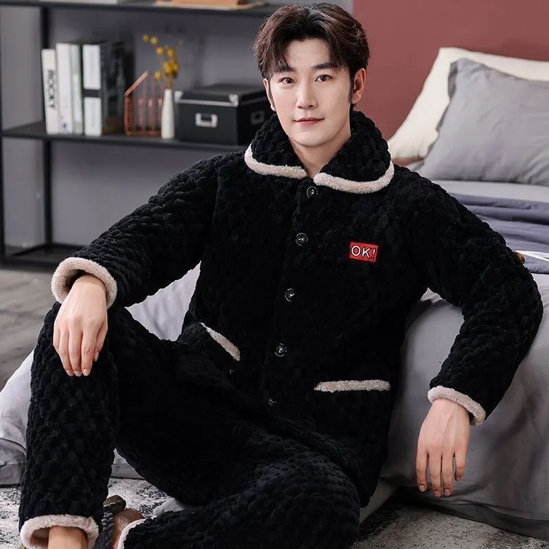 2023 New Autumn Winter Coral Velvet Men's Pajamas Three Layers of Cotton Loungewear Thickened Plushing Flannel Homewear Warm Set