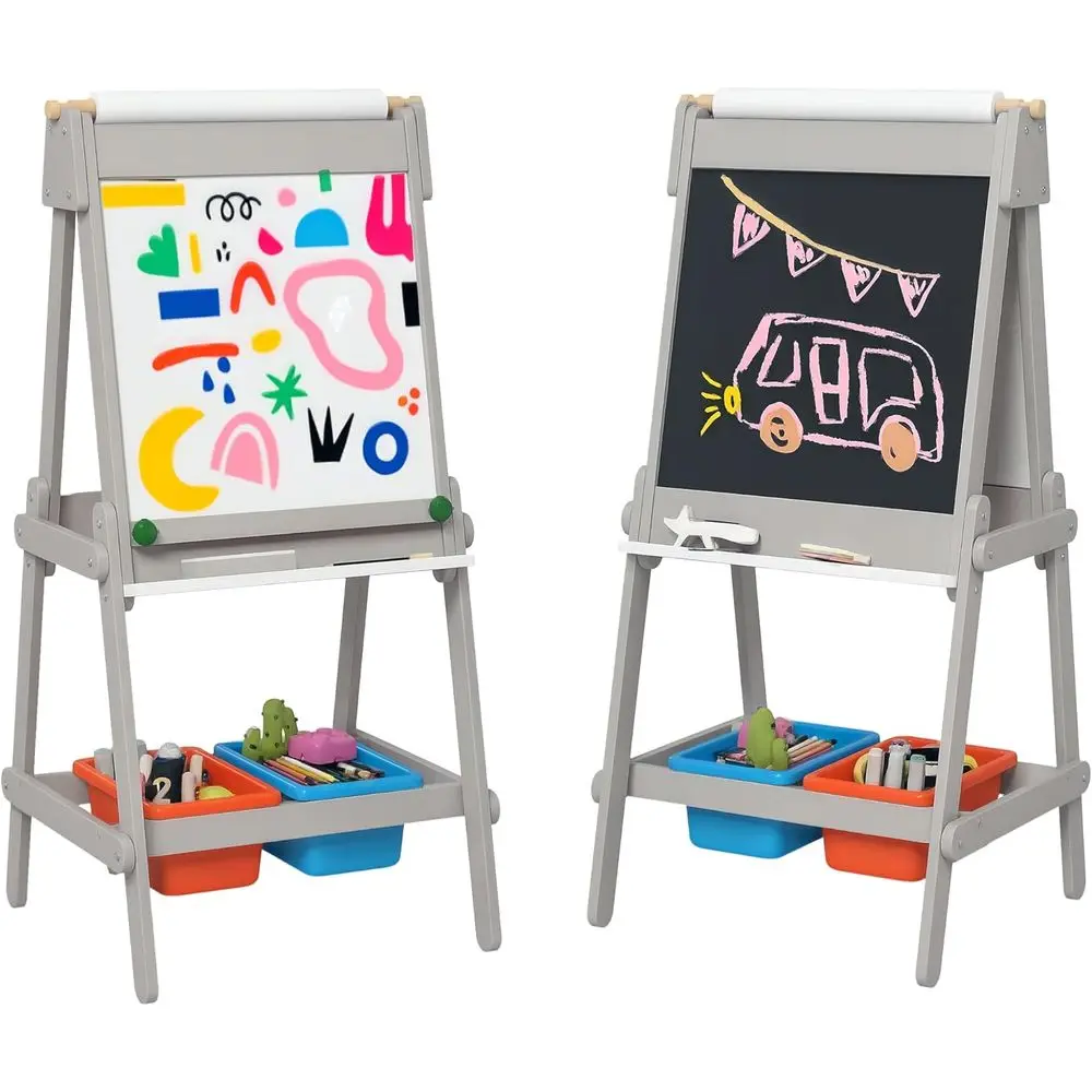 

Двусторонняя серая доска-мольберт для детей 3-8 лет, с подставкой для рулонов бумаги и отсеком для хранения