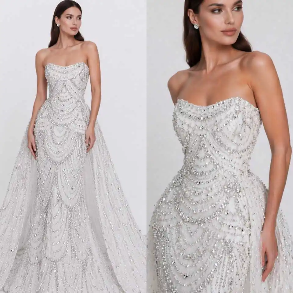 Customized Elegant Wedding Dresses Strapless Sleeveless With Train Beading Crystal Sequins Bridal Gowns Vestido De Novia