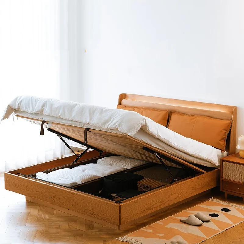 Nordic cherry wood storage bed, solid wood storage bed