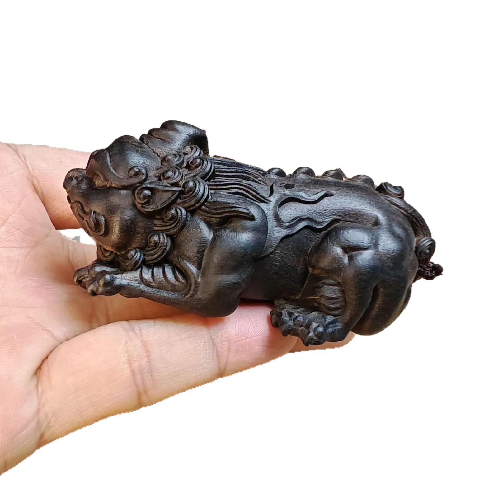 Solid Wood Carving Mighty Pixiu Ornament, Hand‑made Vintage Craft, Pocket Hand Grip, Auto Interior Hanging Decoration Present