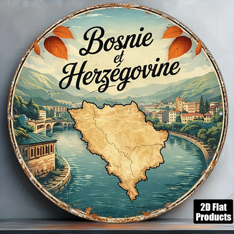 2D Flat - 1pc 8 X 8In/20 X 20Cm 2D Flat Circular Aluminum Sign, Vintage Aluminum Plaque with Bosnia And Herzegovina Map, Bosnia