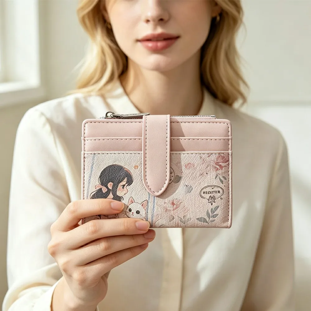 Süße und stilvolle Mini-Geldbörse für Damen, faltbar, mit Druckmuster und Druckknopfverschluss, Kartenfach und Münzfach, leichte Taschen-Geldbörse, geeignet für Studenten, Reisen, Outdoor-Aktivitäten