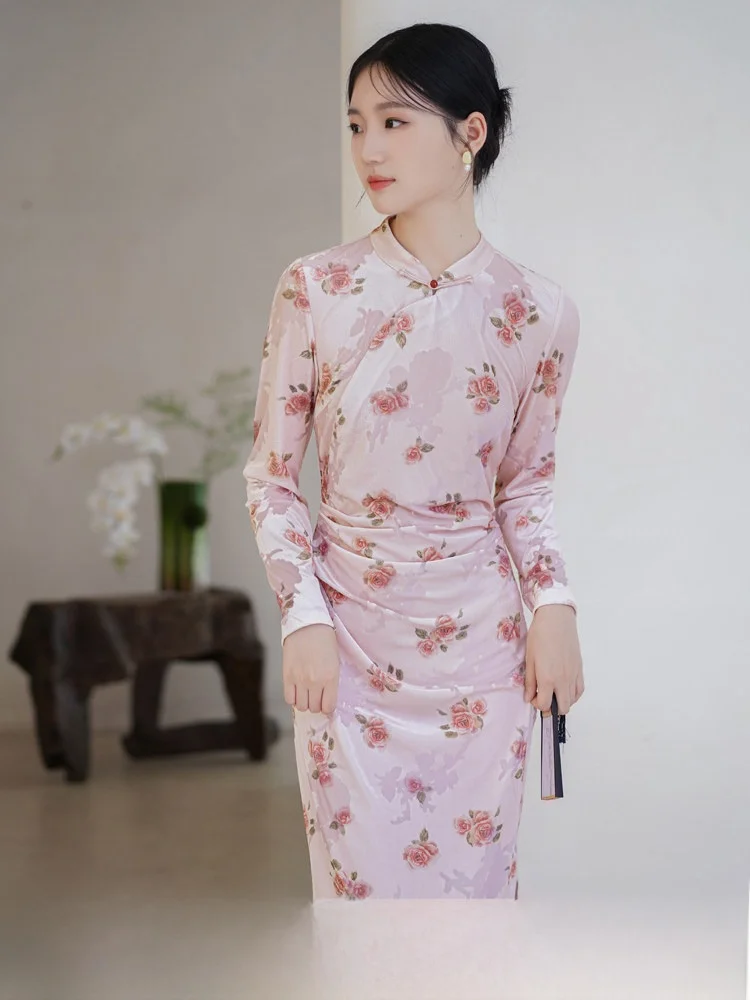 

Оригинальное бархатное платье-ципао Ele для женщин, длинная юбка в китайском стиле, новая осенняя мода, с низким разрезом, для повседневной носки