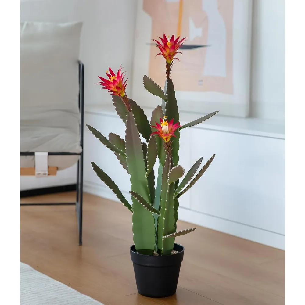 صبار صناعي كبير مقاس 33 بوصة مع زهور أرجوانية في وعاء مع حصى طبيعي. أوراق نهائية من الساتان ذات مظهر حقيقي وملمس.