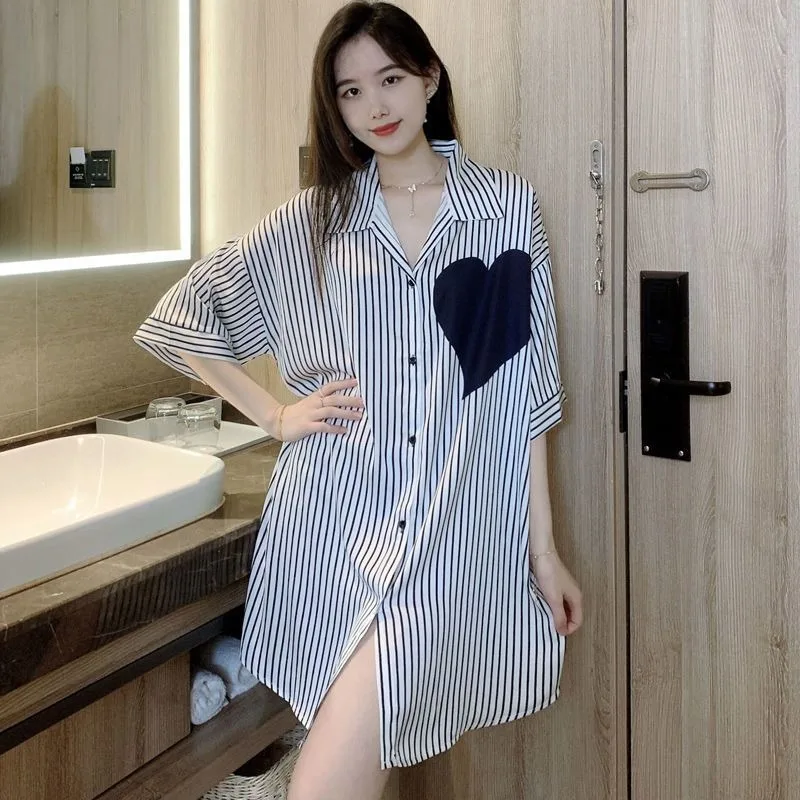 Ice Silk Nightdress Female Summer Red 2024 New Short-sleeved Thin Sexy Pure Desire Shirt Big Size Wear Nightdress Nuit Femme