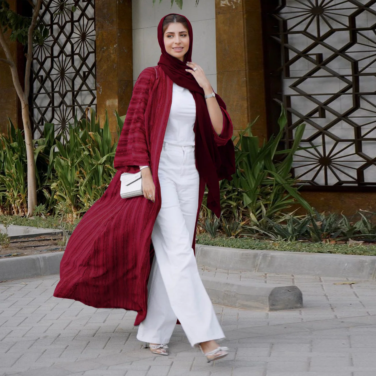 2024 New Arab Clothes Muslim Open Kimono Long Abaya Cardi Robe Striped Ethnic Cardigan Middle Eastern Kaftan With Pockets