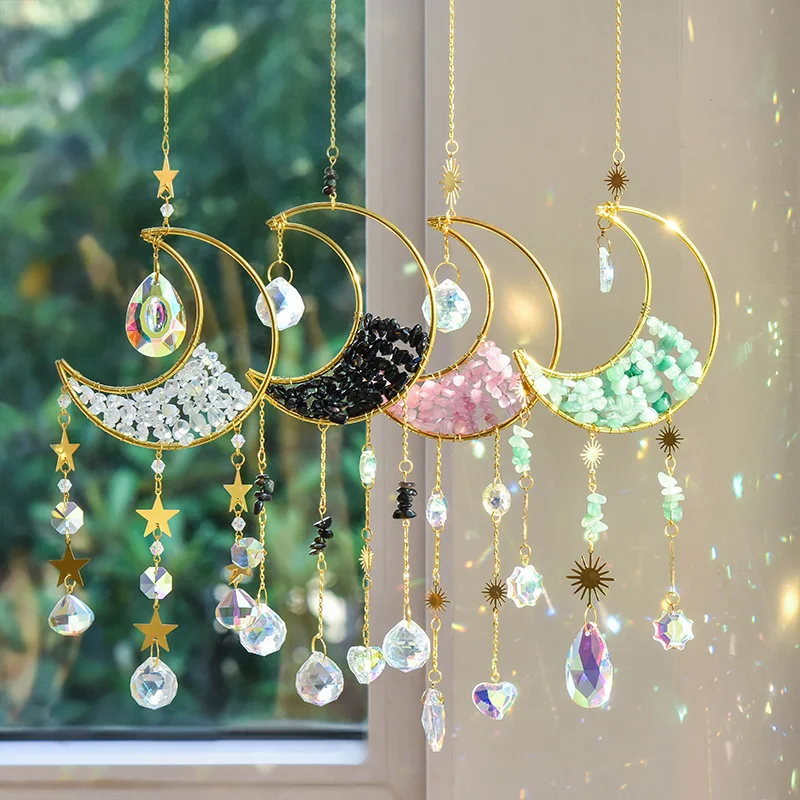 Moon Suncatcher Crystal Wind Chime Gold Moon Metal Hanging Pendant Diamond Rainbow Sun Catcher Window Car Hanging Garden Decor