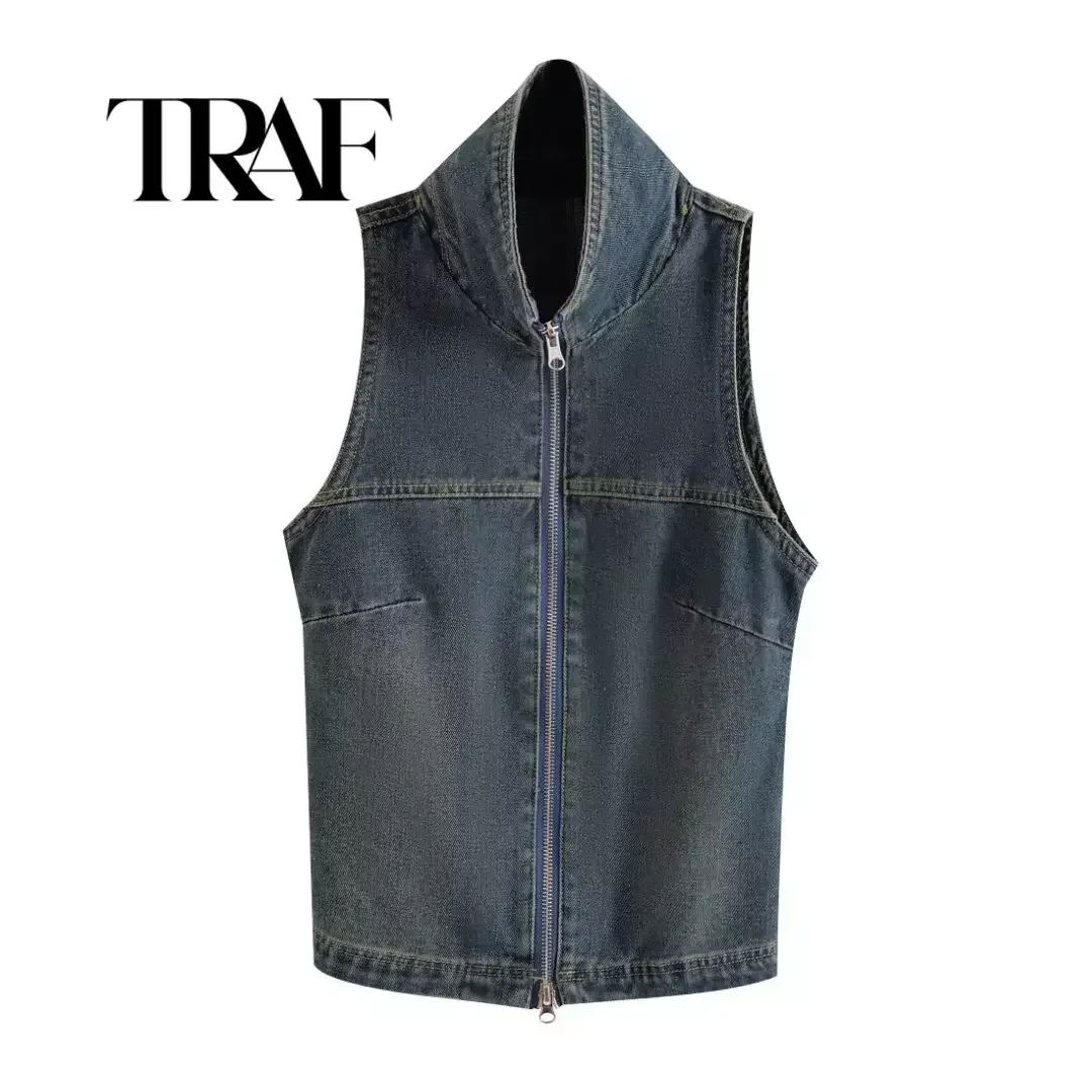 Traf Fashion Dunne Denim Vest Dames Zomer Denim Gilet Mouwloos Losse Spijkerjas Zak Jeans Jas Bovenkleding