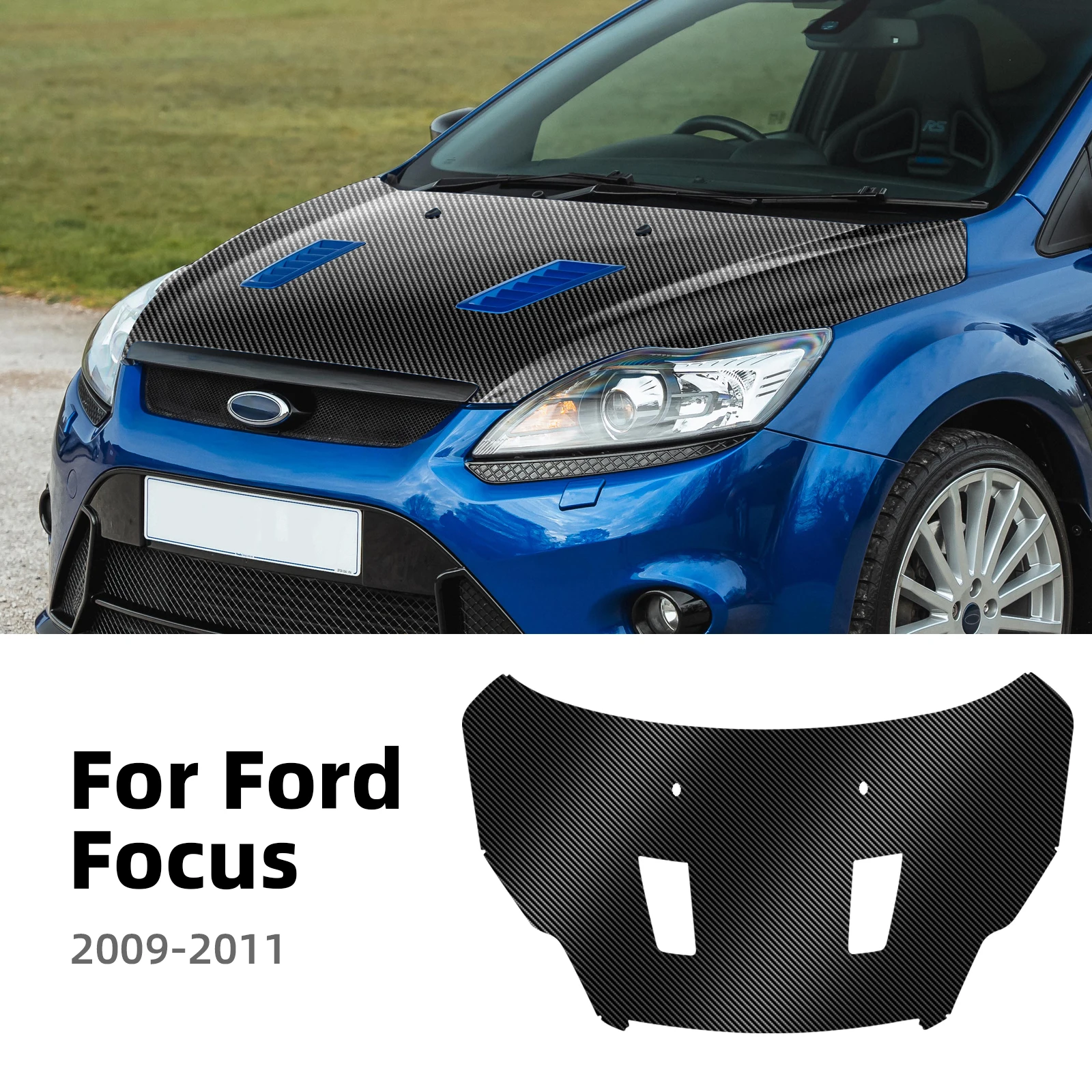 For Ford Focus 2009 2010 2011 Carbon Fiber Texture TPU Pre Cut Hood Wrap Sticker Gloss Black Engine Bonnet Decal Car Exterior