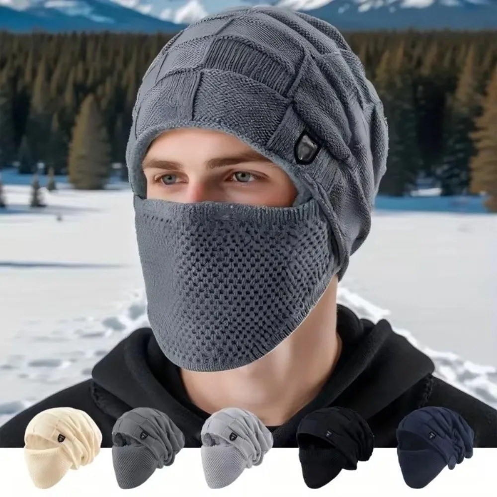 

Plus Size Winter Beanie Cap Soft with Face Cover Slouchy Hat Cuffed Design Thick Warm Knitted Hat for Winter Cycling Skiing