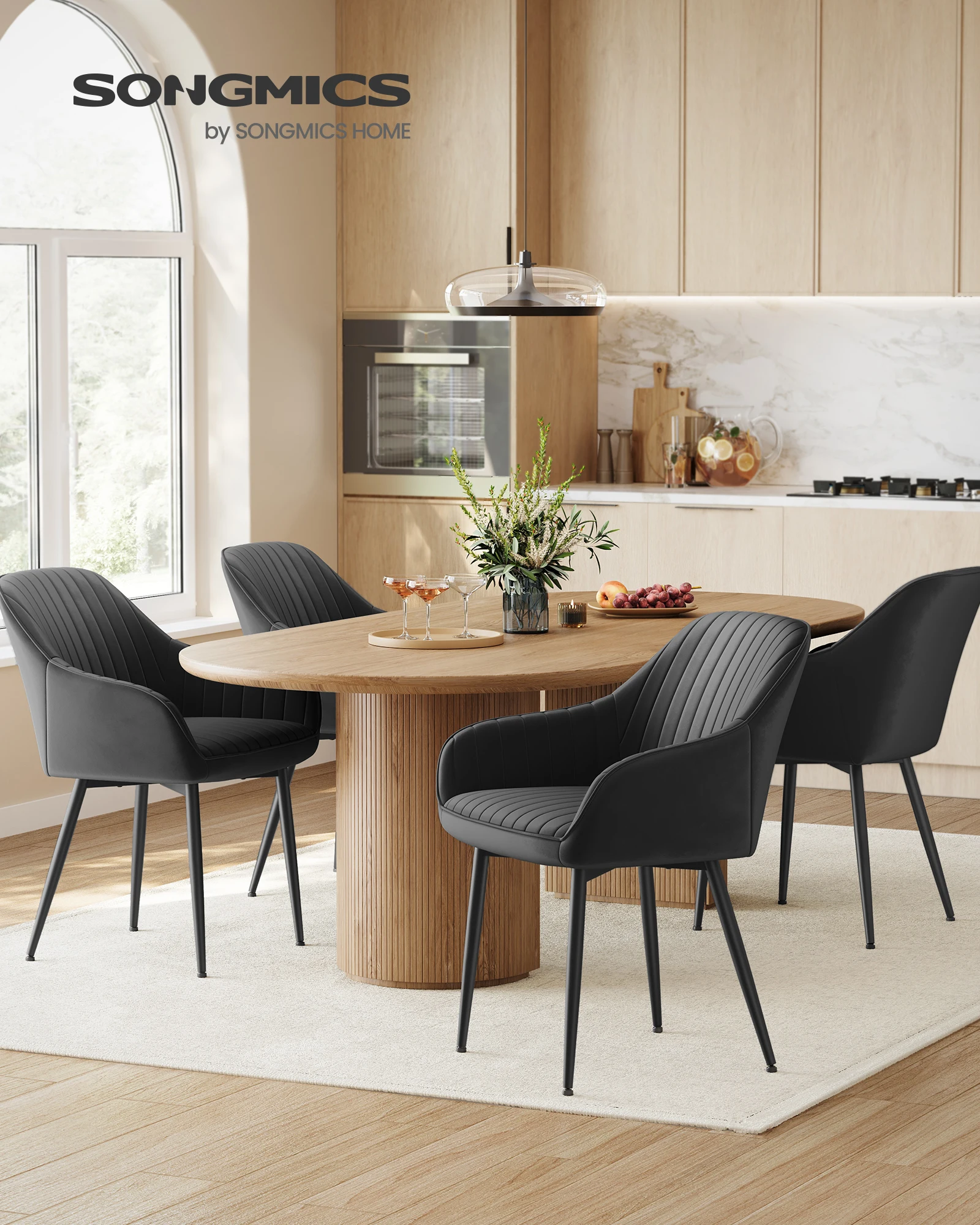 SONGMICS Set van 6 eetkamerstoelen, fauteuil, gestoffeerde stoel met armleuningen, metalen poten, fluwelen hoes, zitbreedte 49 cm, Max. 120kg