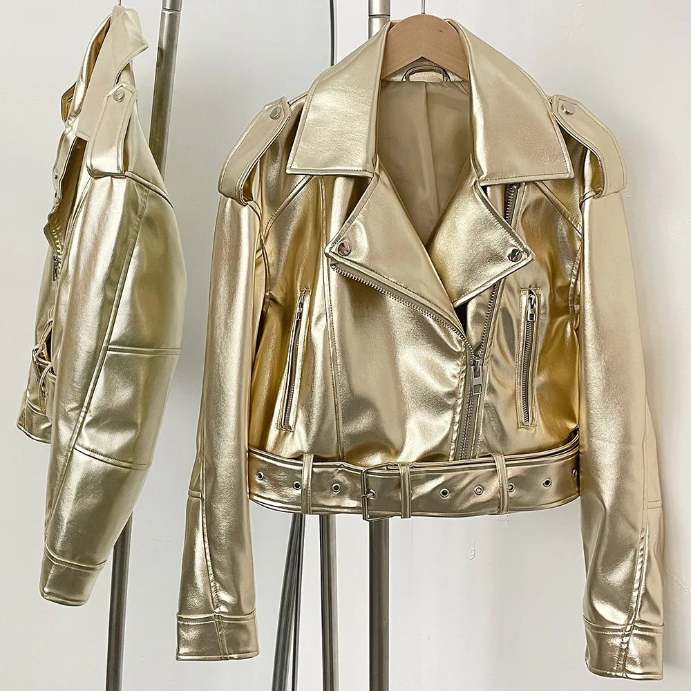 

New Spring Autumn Women Moto Biker Faux Leather Jacket Streetwear Female Loose Zipper Belt Coat Outwear 2025