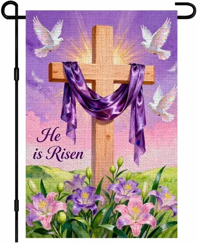 Easter Garden Flag He Is Risen Burlap Flag Double Sided Wooden, 12x18 Inch XXQ