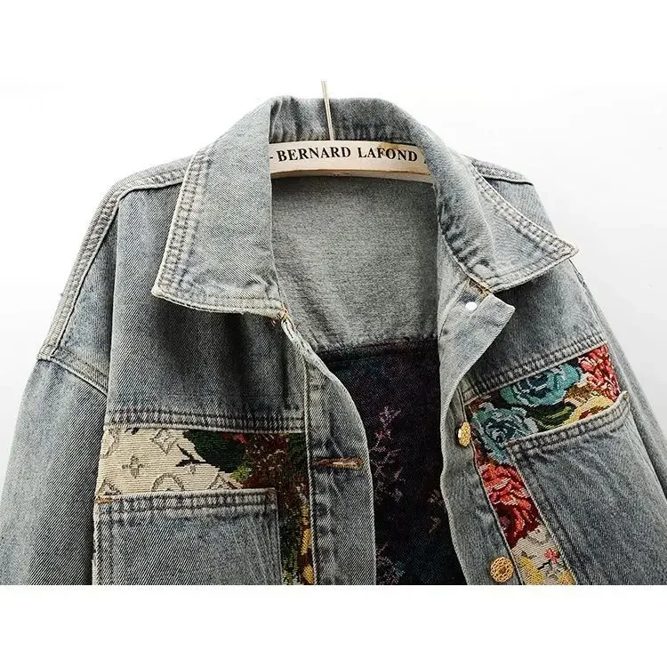 Fashion temperament denim jacket women\'s autumn and winter new short Joker print splicing long sleeve lapel short jacket