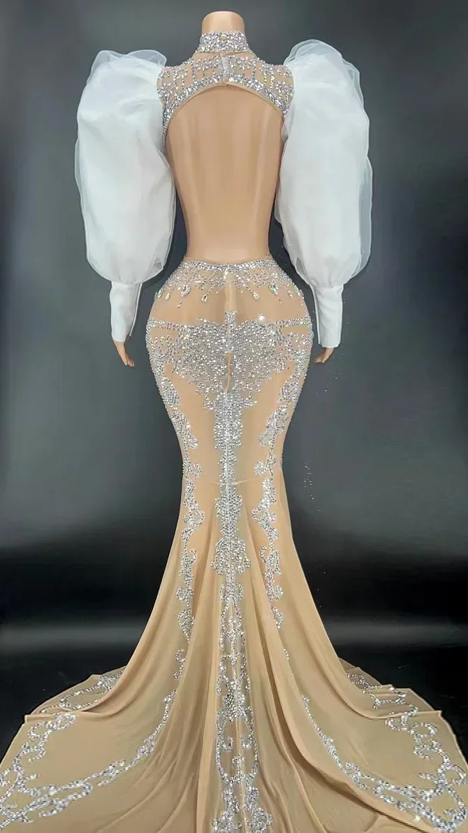 Sexy Wedding Evening Prom Concert Birthday Gown Dress Sparkly Rhinestones Puff Sleeve Mesh Fishtail Skirt Singer Show Stage Wear