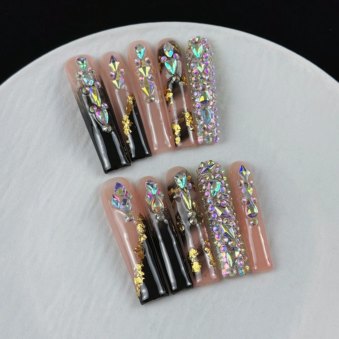 10pcs High-end Punk style, hand-painted gradient pattern, dazzling glittering diamonds handmade fake nails