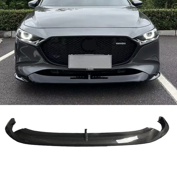 Carbon Fiber Body Kit for Mazda 3 Hatchback Models From 19 to 26, Featuring the Speed Style and a Bright Black Front Lip.