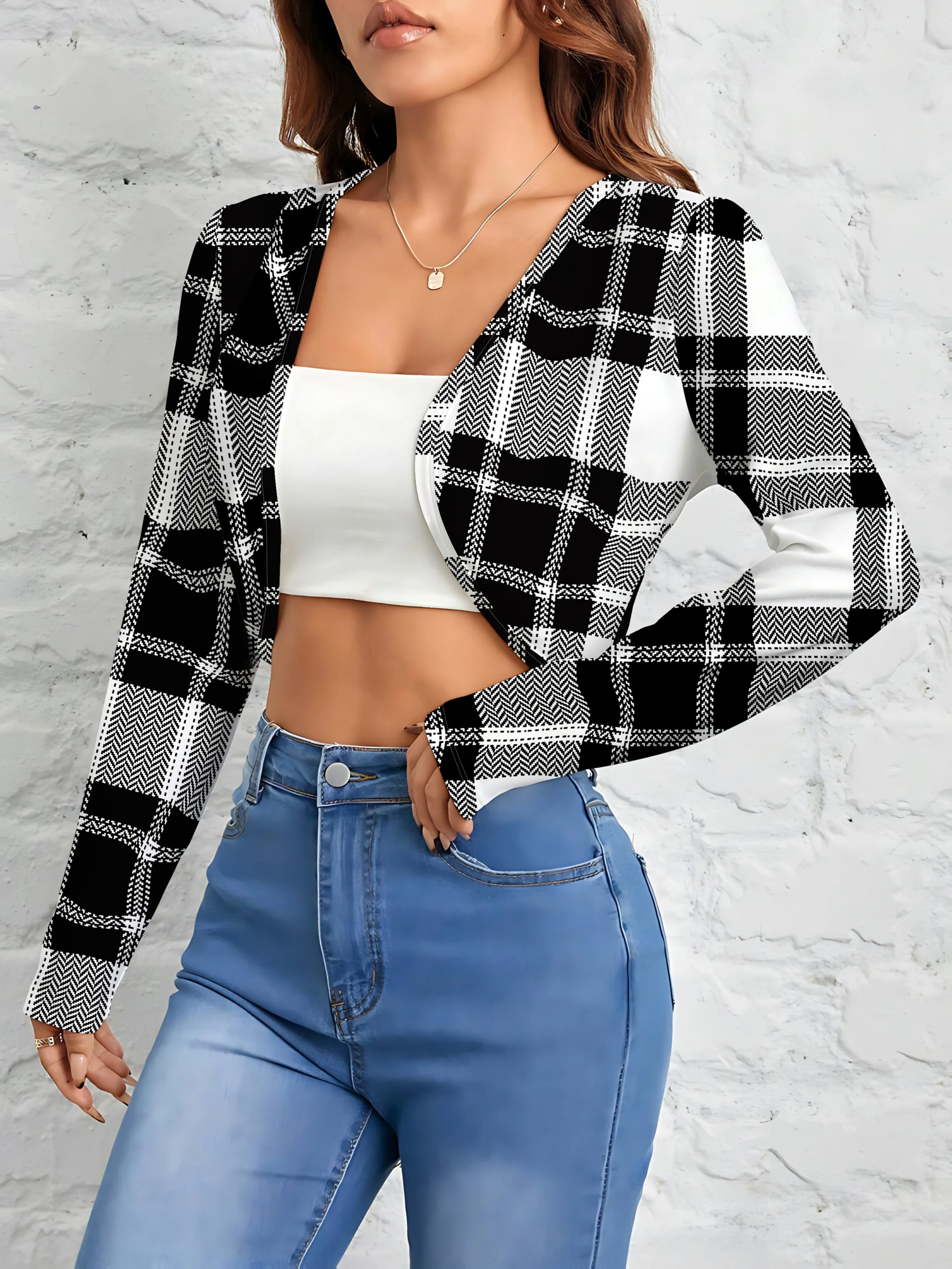 Printed Design Casual Style Black And White Plaid Pattern Women's Cardigan