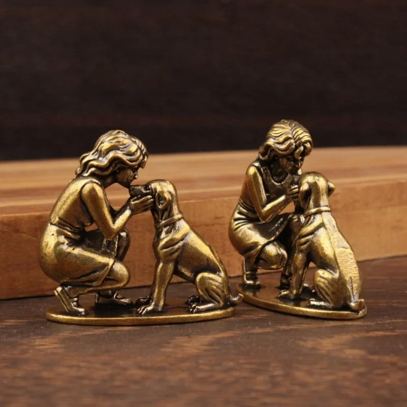 Brass Girl Dog Figure Home Decor Desk Ornament Retro Figurine Small Decorative Crafts Creative Brass Decoration