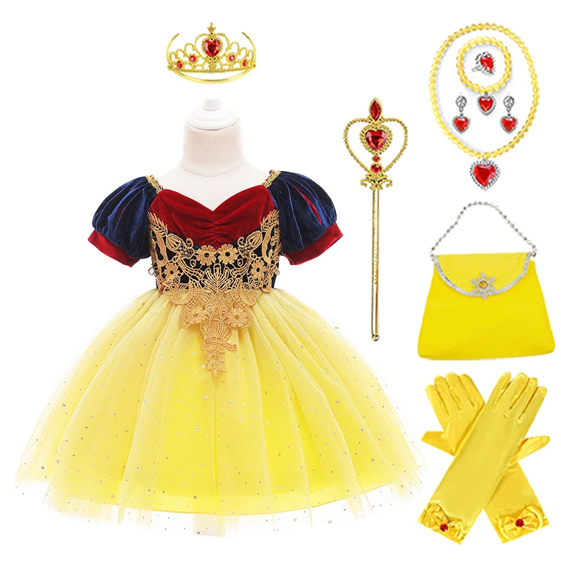 Vestido hinchado de tul Blancanieves para niña, corona, varita mágica, bolsa, guante, collar, pulsera, anillo, conjunto de pendientes, disfraz de princesa para fiesta de Cosplay