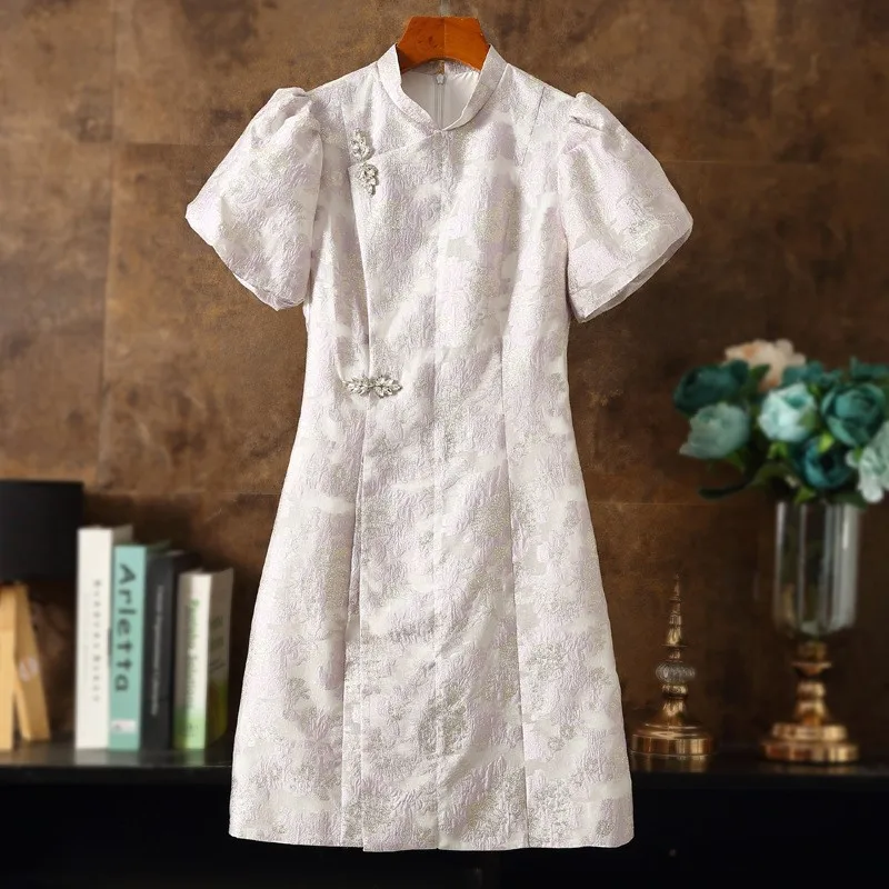 Vestido de manga de linterna Cheongsam corto ligero de estilo chino para niña, nuevo