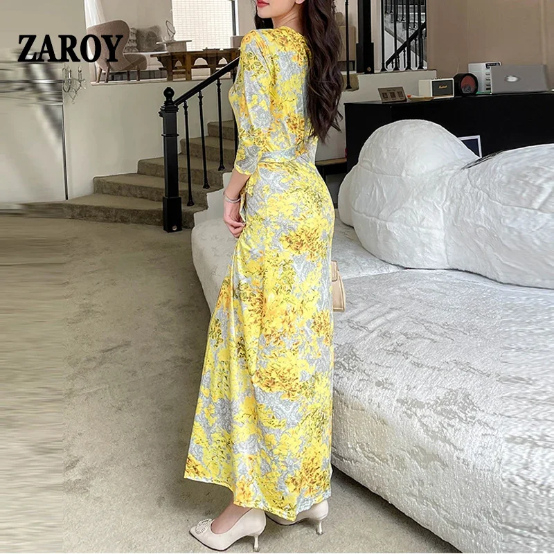 Vintage Print Belted Wrap Long Dress Autumn Sexy V Neck Side Split Maxi Dresses Beachwear Plus Size Party Evening Vestidos