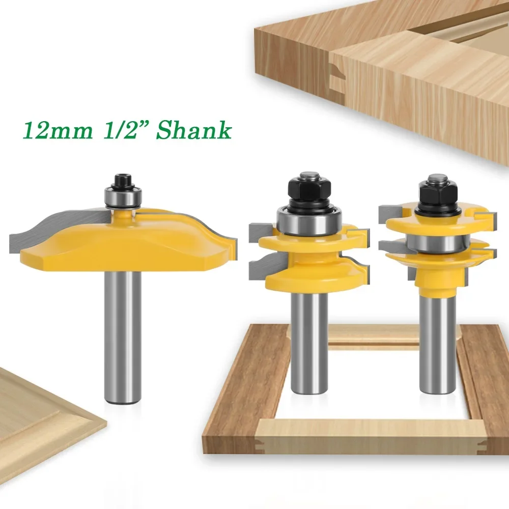 12MM 1/2" Shank 3pcs Large Rail & Stile Ogee Blade Cutter 3" Panel Cabinet Router Bit Set Door Tenon Knife for Wood Tools