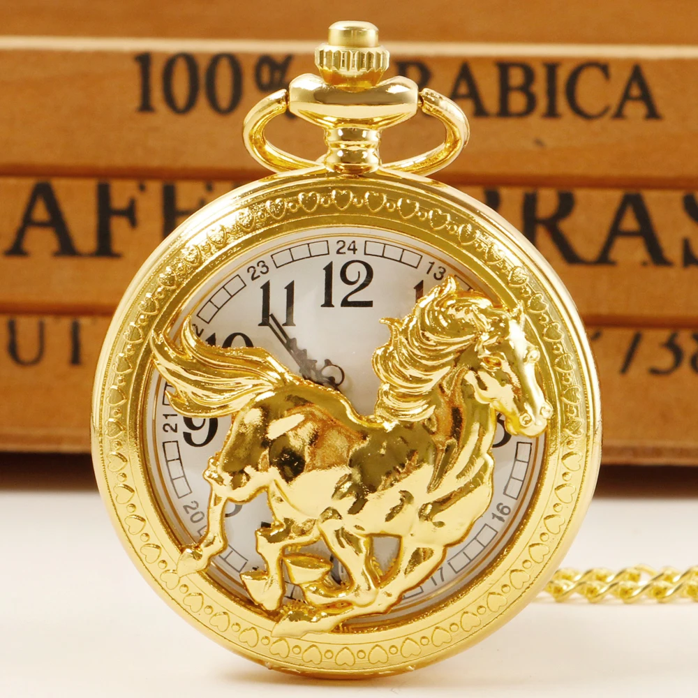 

Golden Horse Carving Hollow Quartz Pocket Watches With Chain Men Women Steampunk Vintage Necklace FOB Watch Gifts