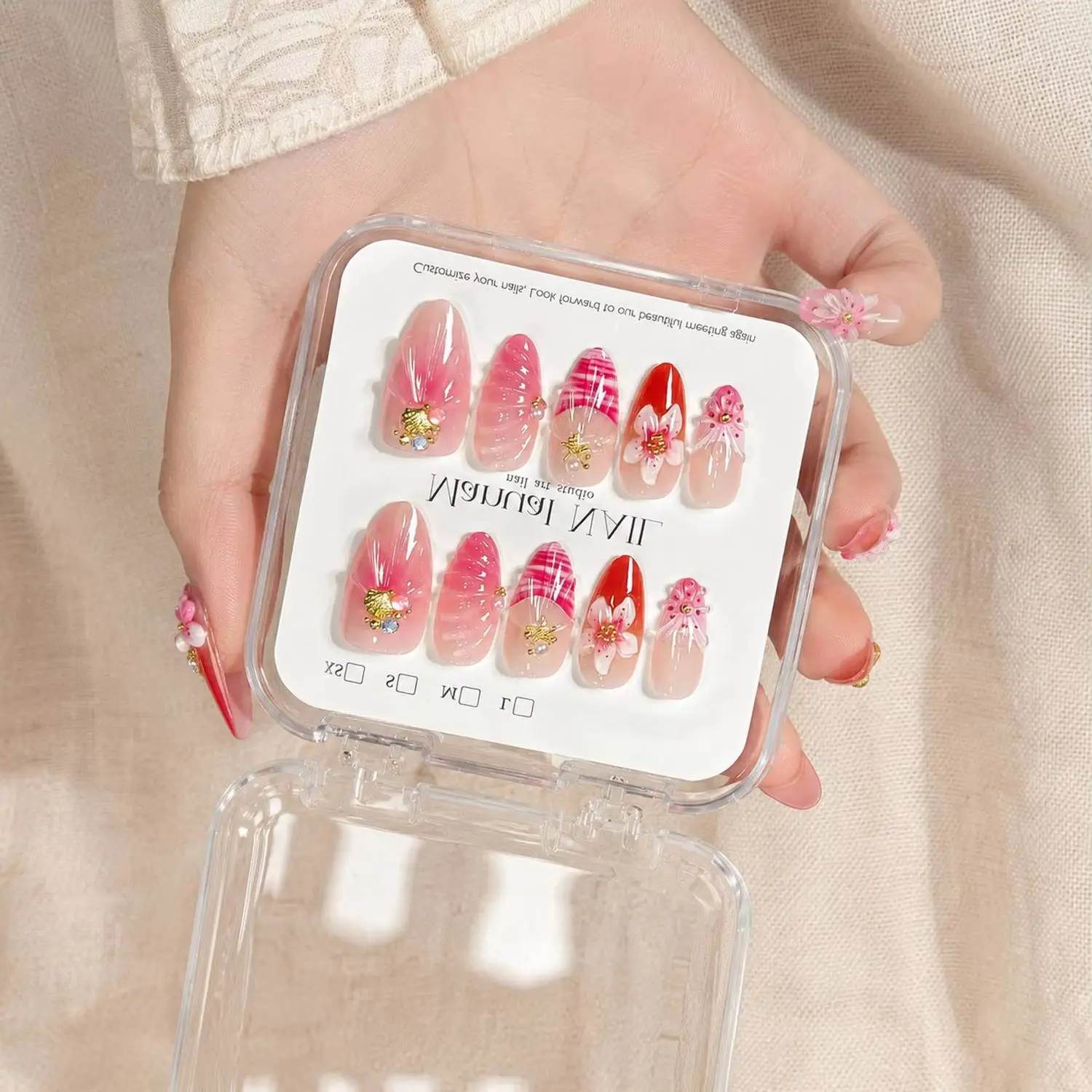 

1Box Pearl Accents Pink Ombre Gel Press On Nail 3D Design Fake Nail Party Glam Art False Nail With Jelly Glue&File Manicure