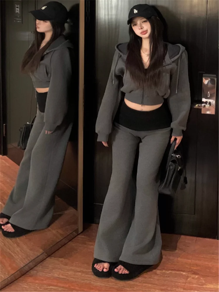 

New Winter Warm Thick Casual 2 Piece Tracksuits Black Grey Hoodie Pullover&High Waist Long Flare Pants Sets 2Pc Sweatpants Suits