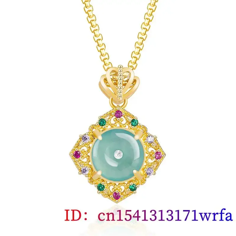 Blue Jadeite Donut Pendant Necklace Man Vintage Real Jewelry Gift Talismans Natural Burmese Jade 18K Gold Plated Fashion