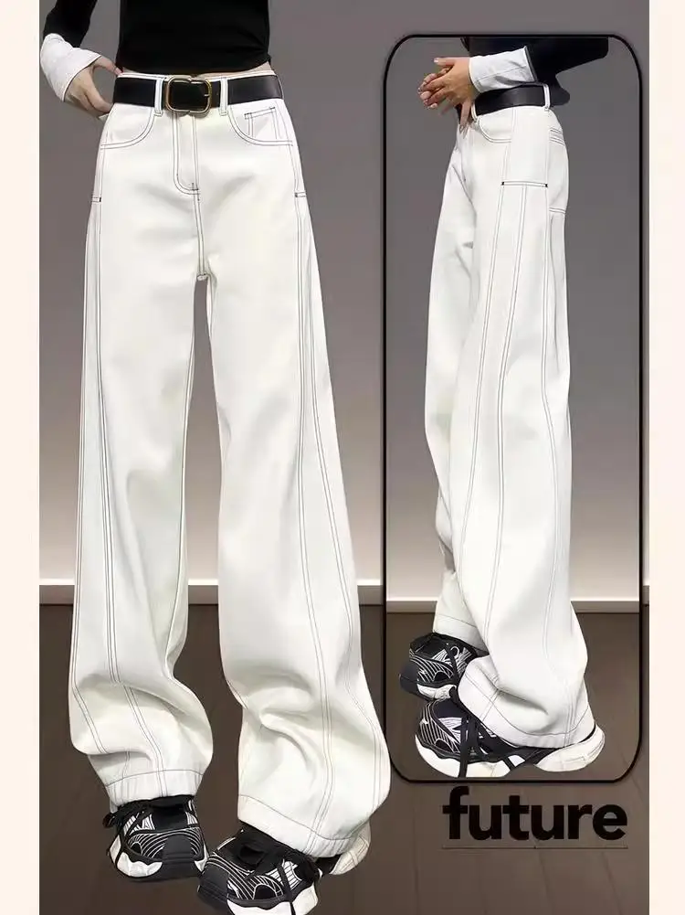 Dżinsy plus size, ciepłe, damskie, z wysokim stanem, proste nogawki, luźne, szerokie spodnie dla figury typu gruszka, plus size, efekt wyszczuplający.