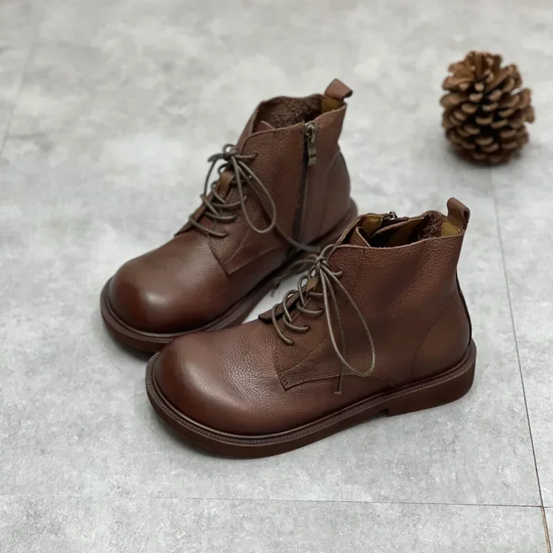 Wide Toe Shoes Handmade Genuine Leather Women\'s Boots Soft Bottom Side Zipper Casual Boots