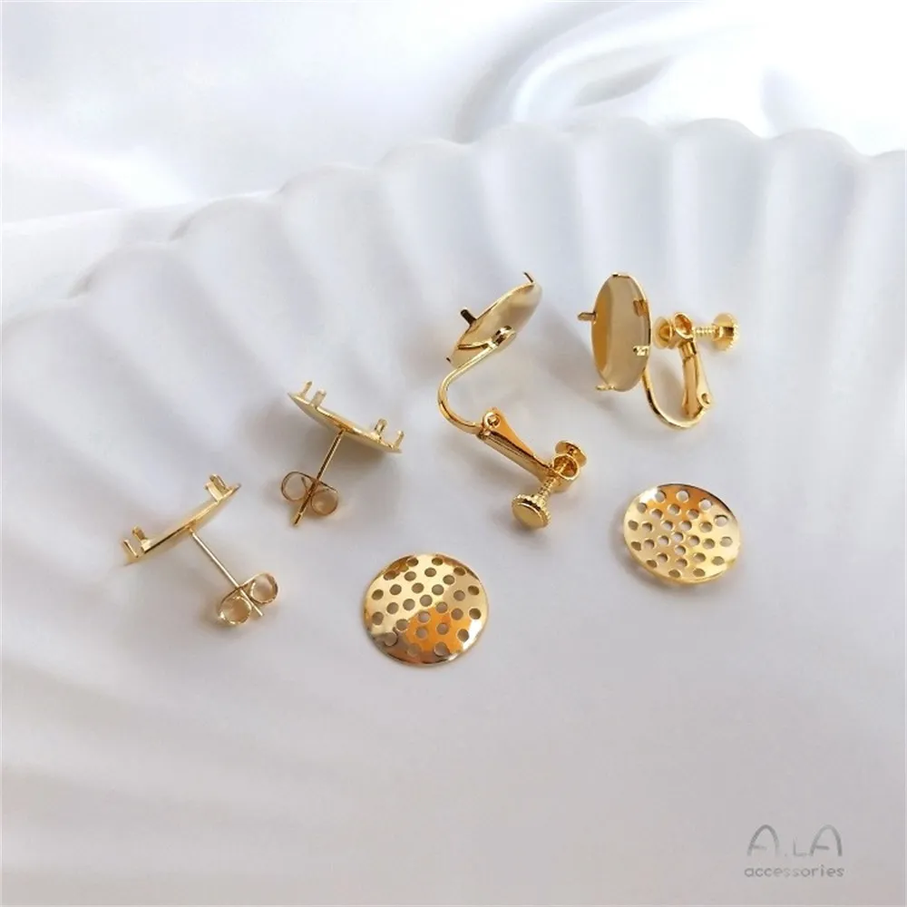 S925 Pure Silver Needle with Gold 18K Disk, Showerhead Earrings with Ear Gambling Ear Clip DIY Handmade Jewelry Accessories E049