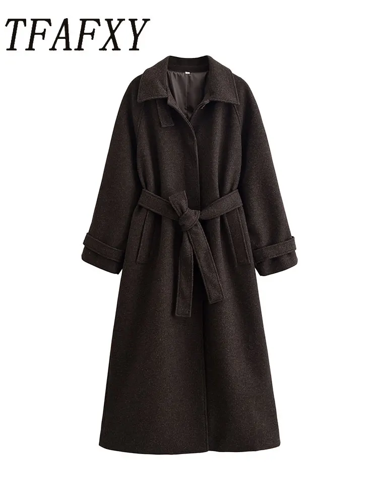 

TFAFXY Casual Brown Women Belt Coats Long Sleeve Buttons Pockets Long Jacket Fashion 2025 Autumn Winter Thick Warm Outwear