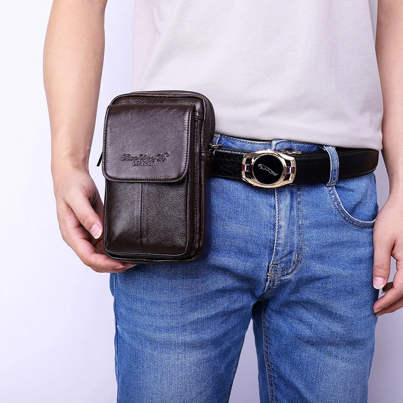 Men\'s 7-inch cross body shoulder bag Leather mobile phone waist bag Wearing belt waist bag Multi functional mobile phone bag Cow