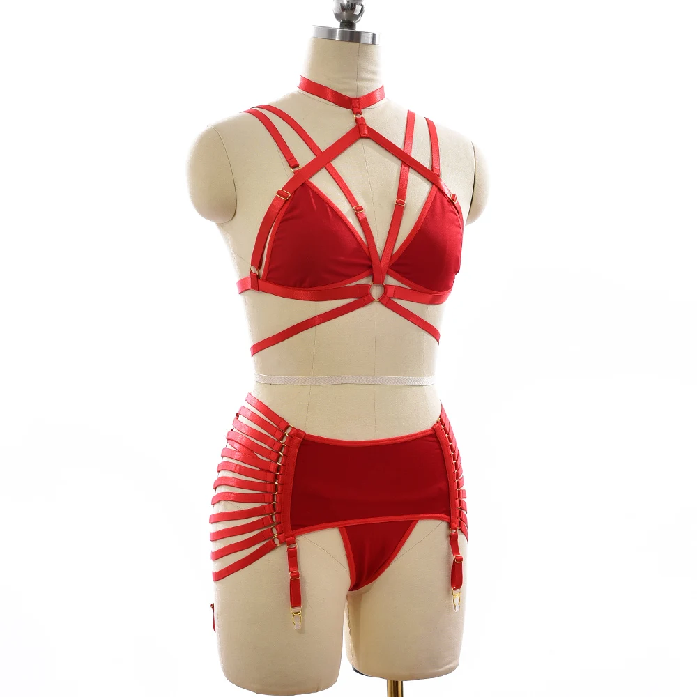 Women Crop Top Harness Cage Bra Bondage Clip Stocking High Waist Belt Leg Garter Elastic G-String Briefs Sexy Lingerie Set