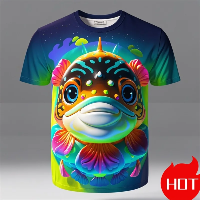 3D Print Cartoon Puffer Fish Graphic T Shirt For Men Women Summer Short Sleeve Large Size New In Tees Tops Mens Tshirts Clothes